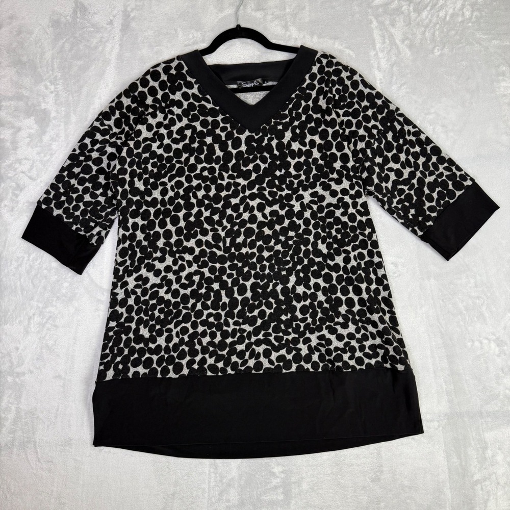 Sympli Tunic Top Women 14 Black White Pebble Print Elbow Sleeve Banded Hem